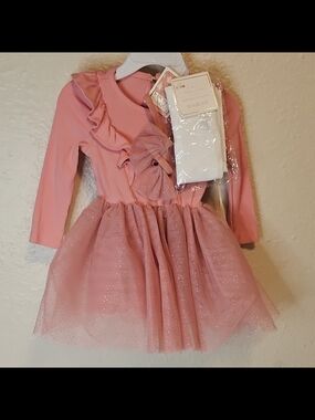 btween baby Pink Long Sleeve Ruffle Tulle Fit & Flare Dress 12-24M